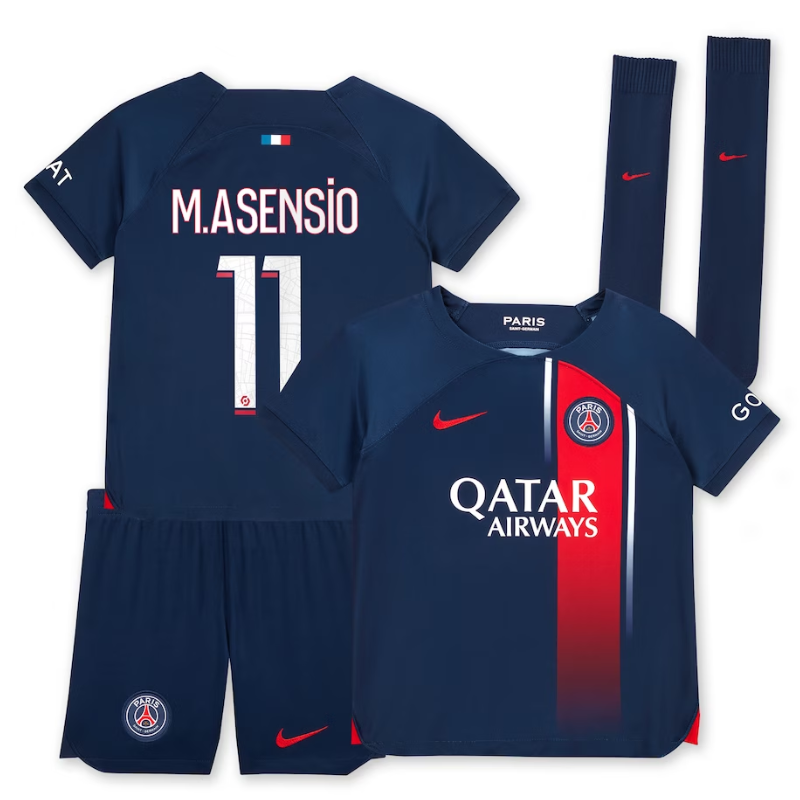 Paris Saint-Germain Home Stadium Kit 2023-24 - Little Kids with M.Asensio 11 printing - Jersey Teams World
