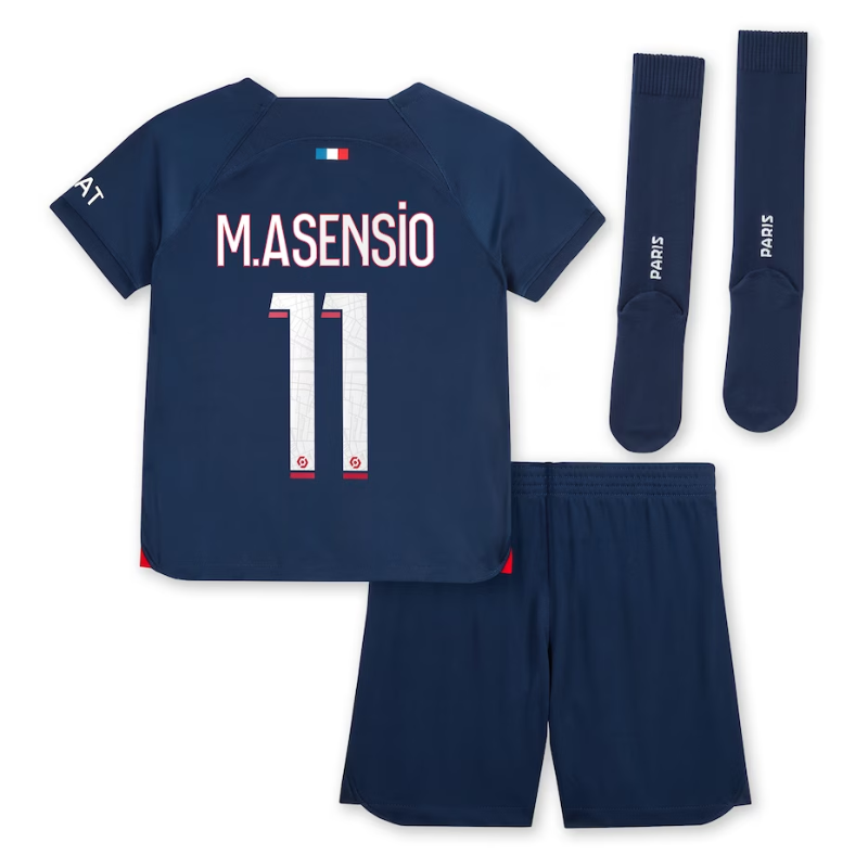 Paris Saint-Germain Home Stadium Kit 2023-24 - Little Kids with M.Asensio 11 printing - Jersey Teams World