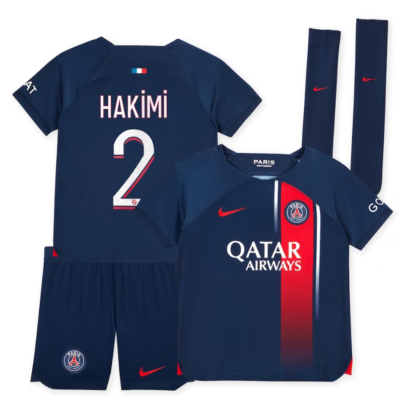 Paris Saint-Germain Team Home Kit 2023-24 - Little Kids with Hakimi 2 printing Jersey - Blue - Jersey Teams World