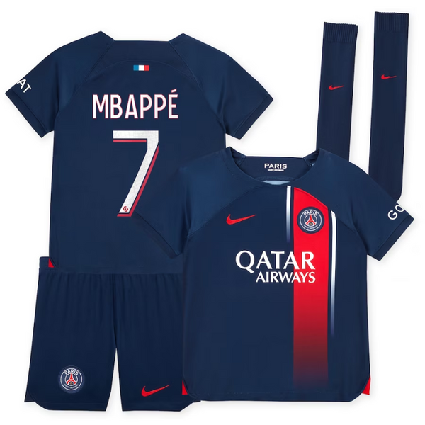 Paris Saint-Germain Team Home Kit 2023-24 - Little Kids with Mbappé 7 printing Jersey - Blue - Jersey Teams World