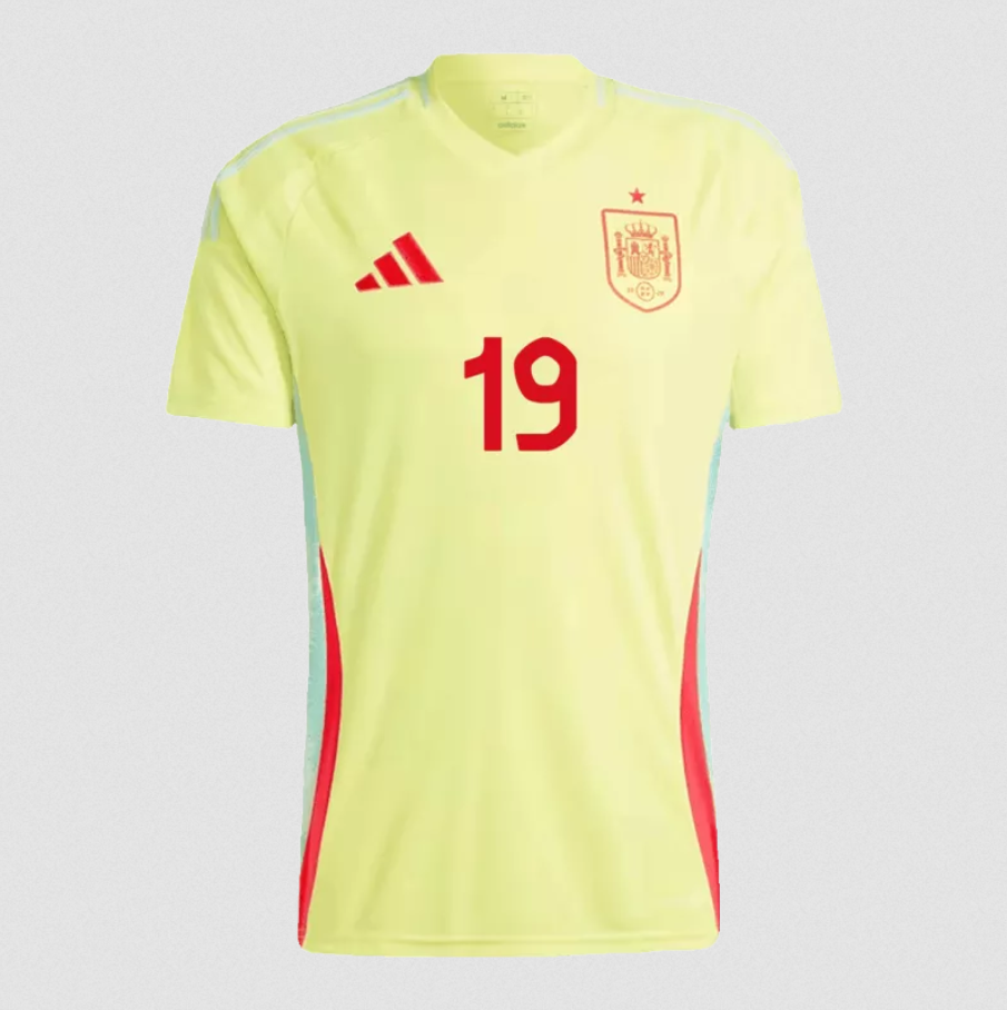 adidas Lamine Yamal Spain away jersey in light yellow with red number 19 and Spain emblem