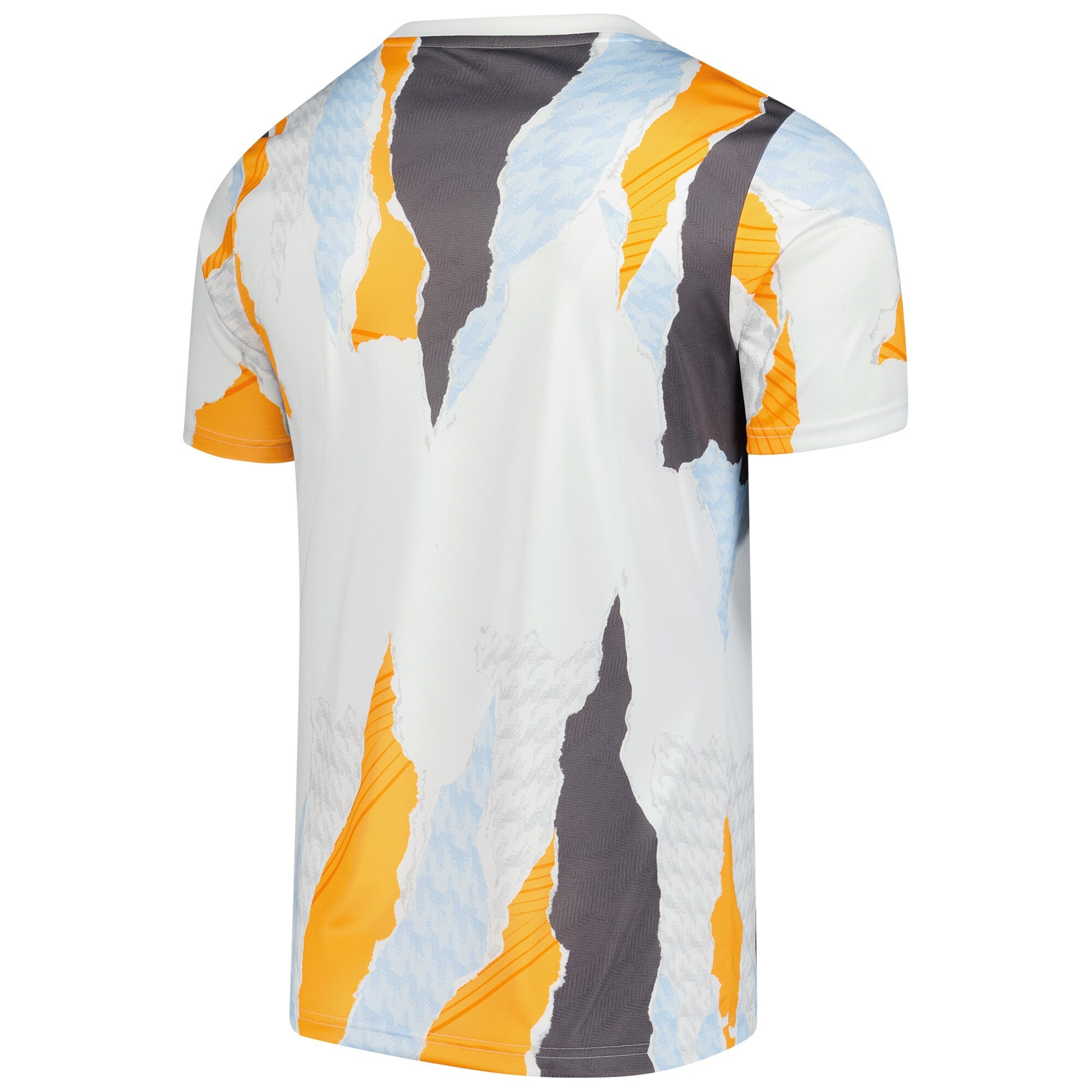 adidas Real Madrid 2024 pre-match top with abstract orange, blue, and gray pattern on white background