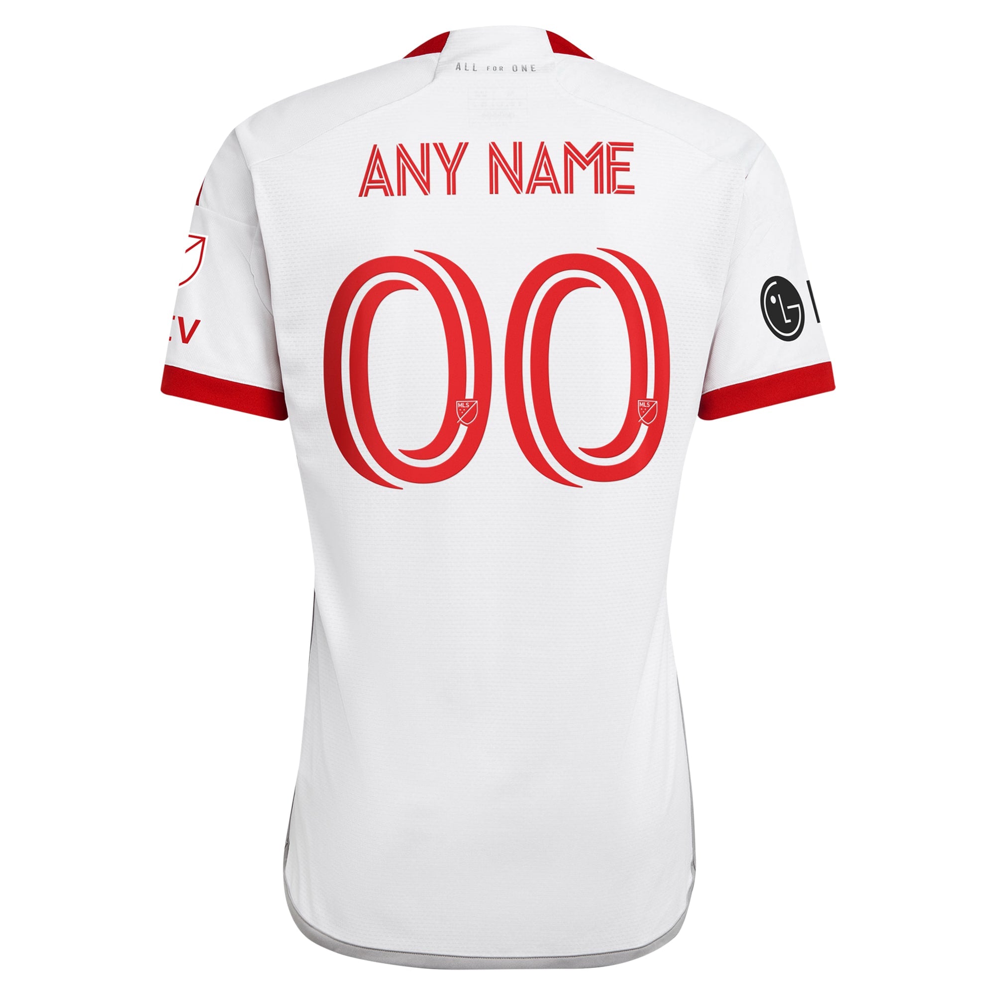 adidas Toronto FC 2025 kit white jersey with red accents and customizable name and number on back