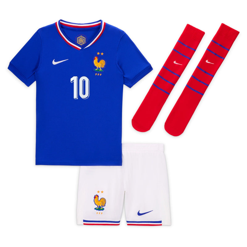 France Nike Home Stadium Kit - 2024 - Little Kids with Mbappe 10 printing Jersey - Blue