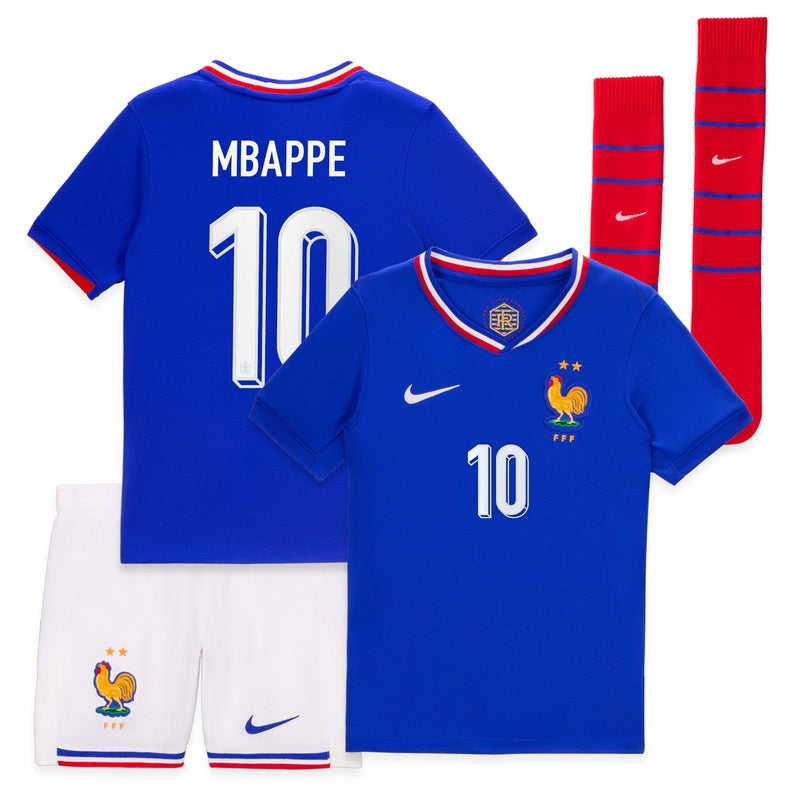 France Nike Home Stadium Kit - 2024 - Little Kids with Mbappe 10 printing Jersey - Blue