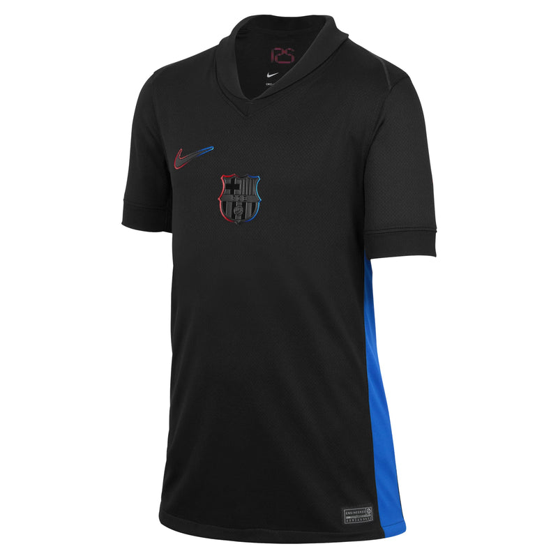 Nike Gavi Barcelona Away Jersey 2025 in black with blue side panels and team crest on chest