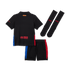 Puma Barcelona away kit 2024-25 kid featuring black polo shirt, shorts with blue and red accents, and matching black socks
