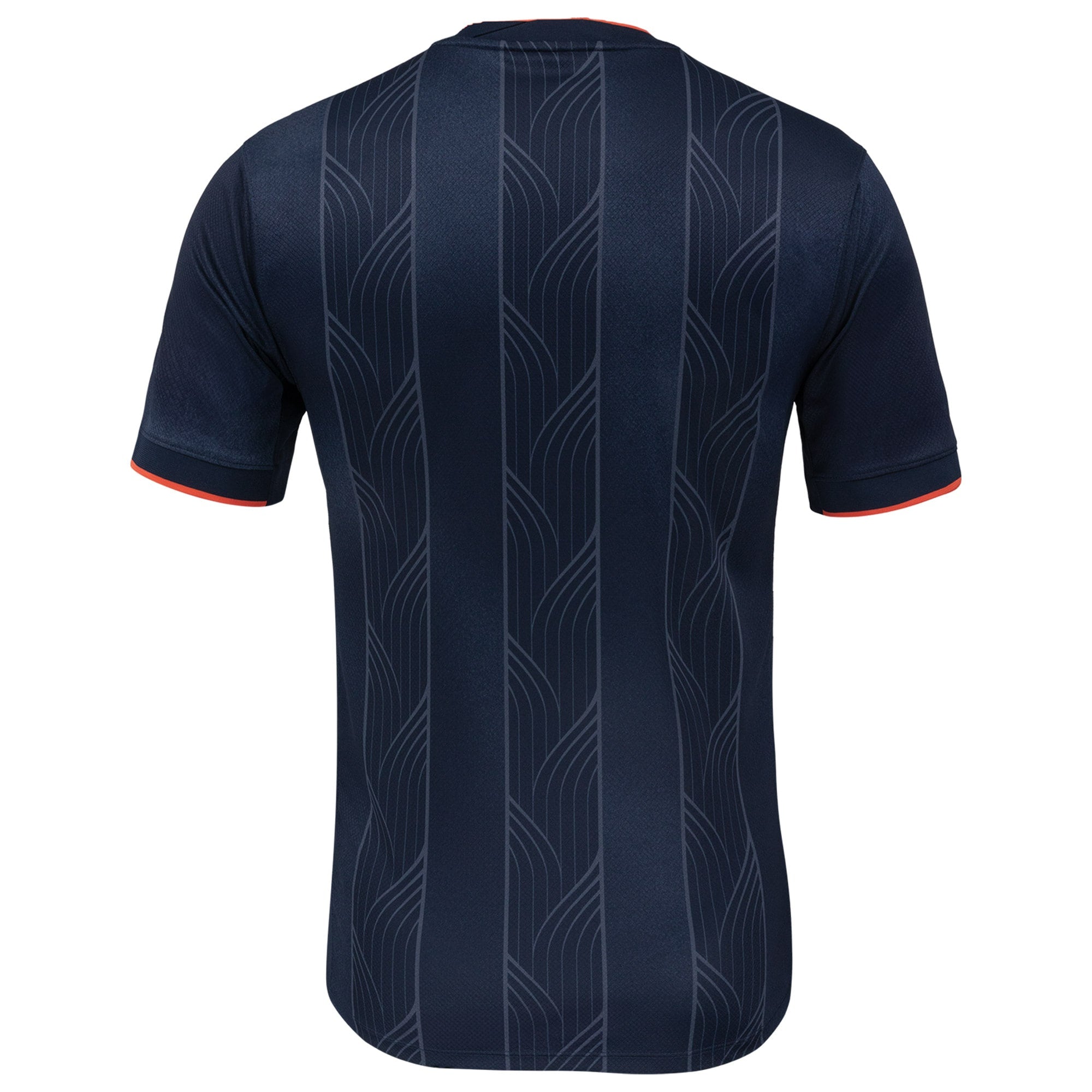 Back view of Bay FC Nike 2025 jersey in dark blue with subtle vertical pattern and red sleeve trim
