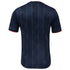 Back view of Bay FC Nike 2025 jersey in dark blue with subtle vertical pattern and red sleeve trim