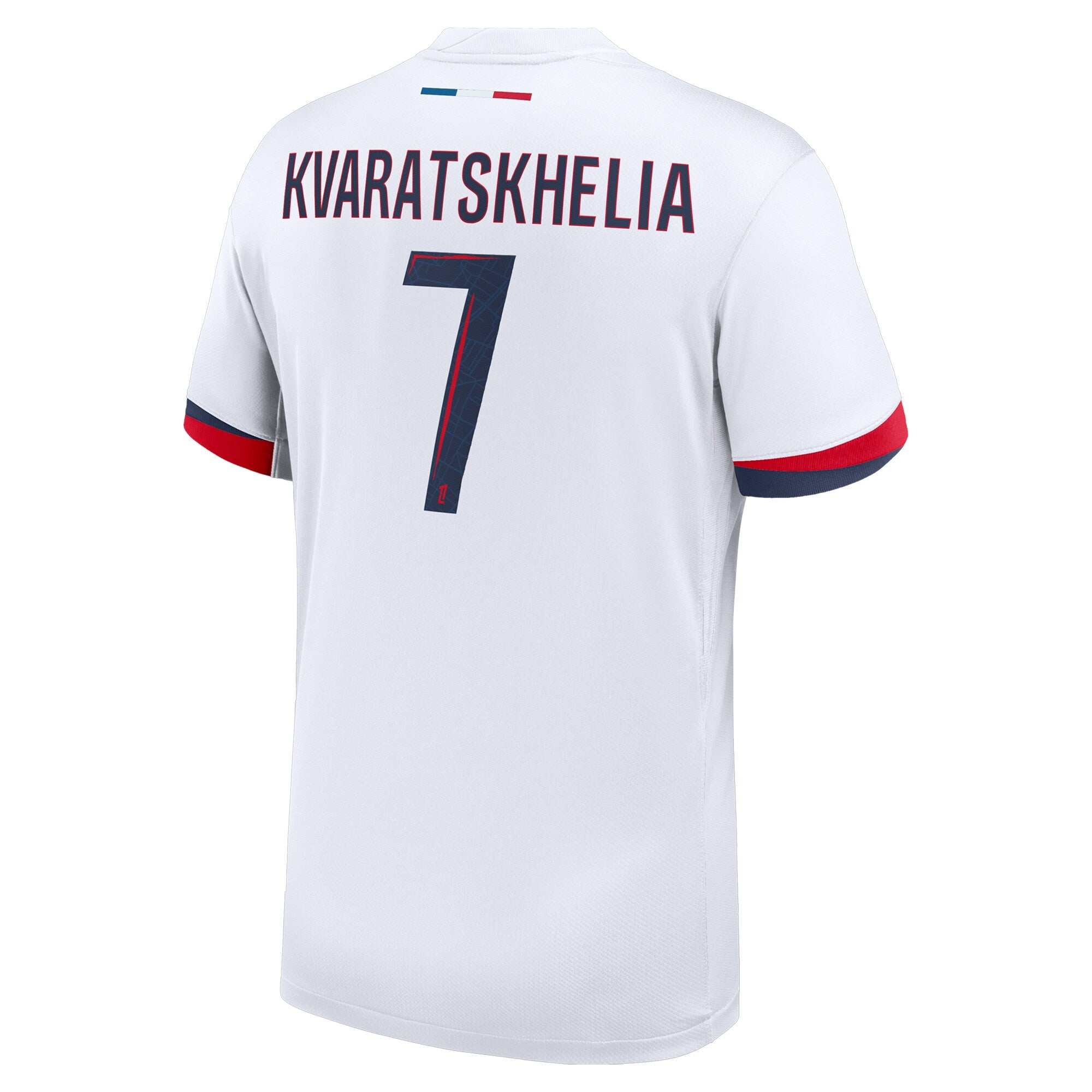 Nike Khvicha Kvaratskhelia PSG 2024 jersey in white with number 7 and red blue trim