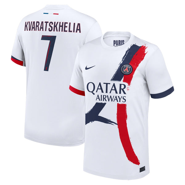 Nike Khvicha Kvaratskhelia PSG 2024 jersey white with red and blue brushstroke design and Qatar Airways logo
