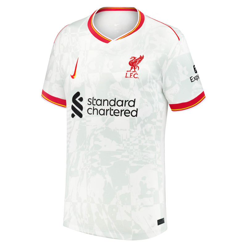 Nike Mohamed Salah Liverpool 2025 jersey in white with red and yellow trim and club logo