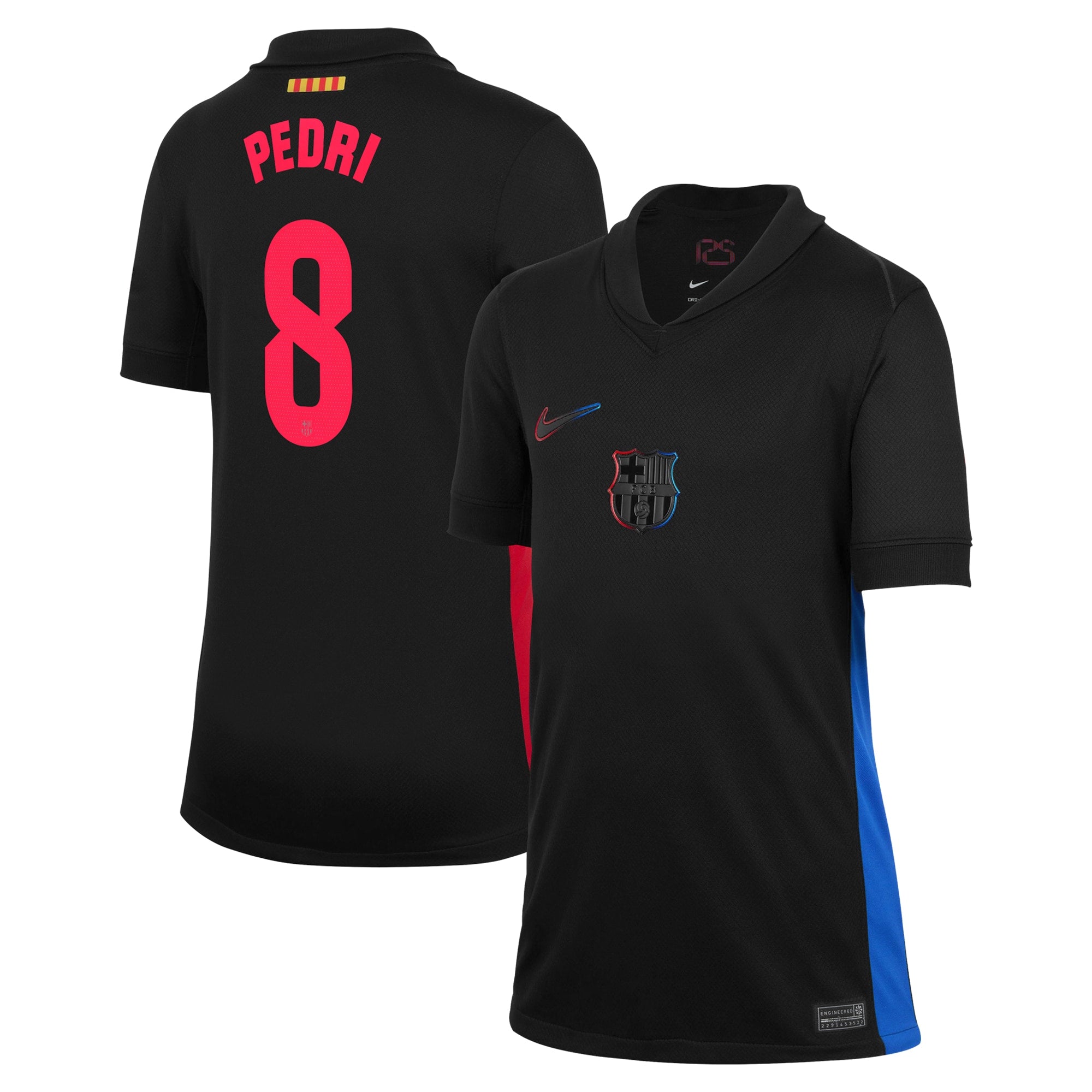 Nike Pedri Barcelona away jersey 2025 in black with red number 8 and blue side panels