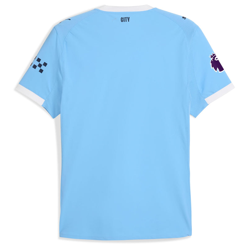 Back view of Manchester City 2025 home Puma jersey in light blue with white trim and Premier League patches