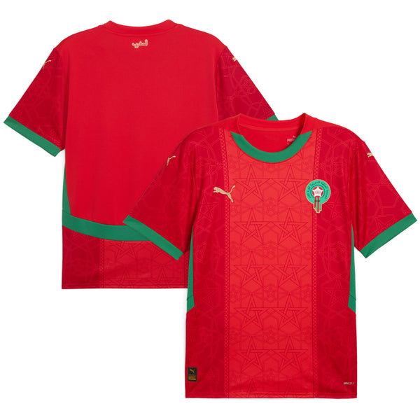 Morocco Puma home jersey 2025 in red with green accents and Moroccan Football Federation crest