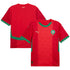 Morocco Puma home jersey 2025 in red with green accents and Moroccan Football Federation crest