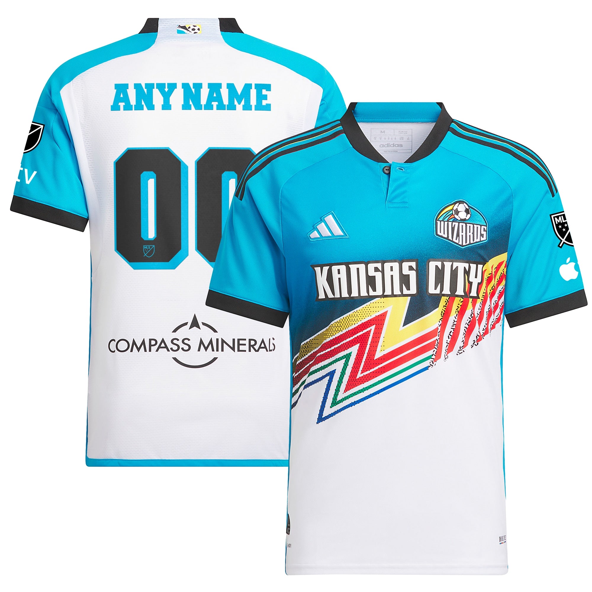 Adidas Sporting Kansas City custom jersey in blue and white with team logos and customizable name and number
