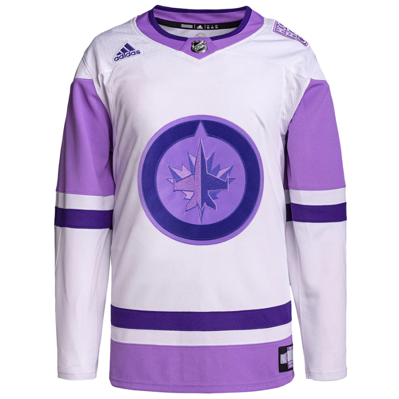 Winnipeg Jets Hockey Fights Cancer Primegreen Custom Jersey- White/Purple - Jersey Teams World