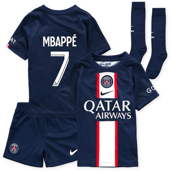 Paris Saint-Germain Home Stadium Kit 2022-23 - Little Kids with Mbappé 7 printing - Jersey Teams World