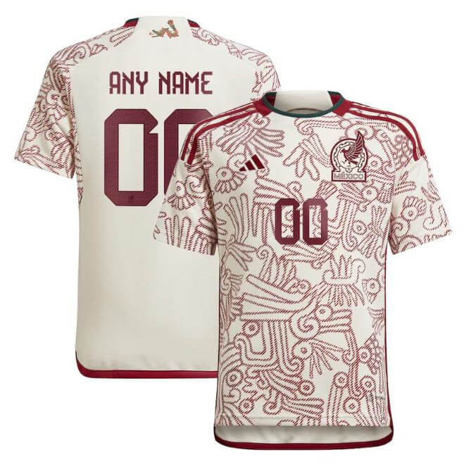 2023 Mexico national team kit Custom Adidas Jersey with unique Aztec pattern in white and red by Jerseyteamsworld