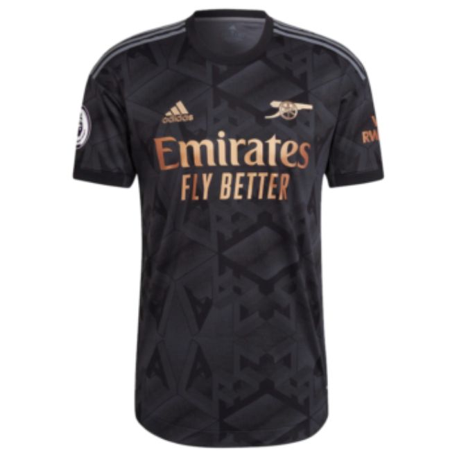 Arsenal away Adidas jersey 2022-23 in black with gold Emirates Fly Better logo and Adidas stripes
