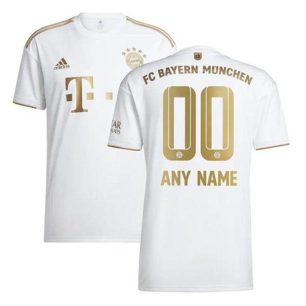 Bayern Munich away jersey 2022 23 in white with gold accents and customizable name and number