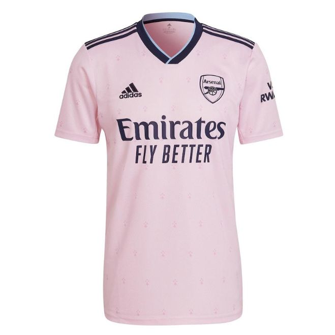 Bukayo Saka Arsenal Adidas jersey 2023 in pink with Emirates Fly Better logo and Adidas stripes