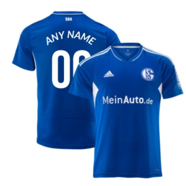 Fc Schalke 2022 home jersey by Jerseyteamsworld showing front and back views with custom name and number