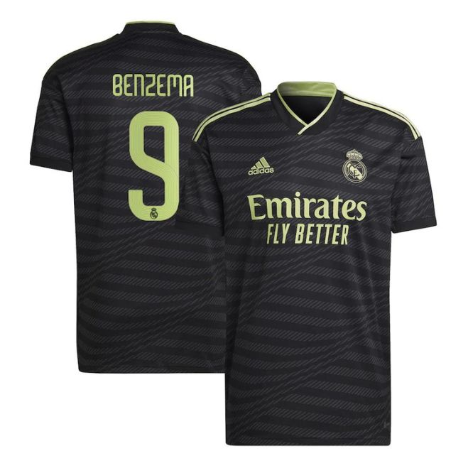 Karim Benzema Real Madrid jersey in black with light green accents and number 9 from Jerseyteamsworld