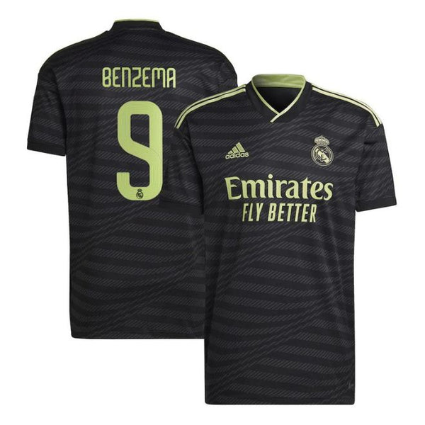 Karim Benzema Real Madrid jersey in black with light green accents and number 9 from Jerseyteamsworld