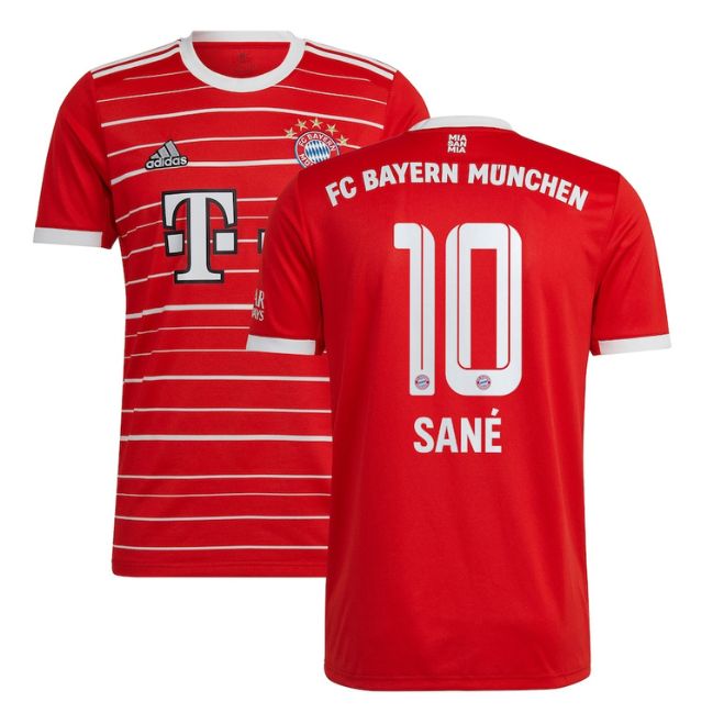 Leroy Sané Bayern Munich home jersey red Adidas soccer shirt with number 10 and team logo