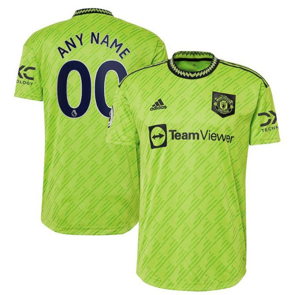 Manchester United 2022 23 third kit soccer jersey in neon green with black accents and customizable name and number