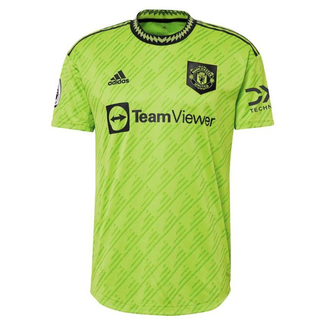 Manchester United 2022 23 third kit soccer jersey in bright green by Jerseyteamsworld with sponsor logos