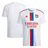 Olympique Lyon 2022 home Adidas jersey in white with red and blue vertical stripes and Emirates Fly Better logo