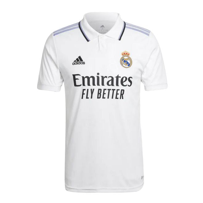 Real Madrid 2023 home Adidas jersey in white with club crest and Emirates Fly Better sponsor logo