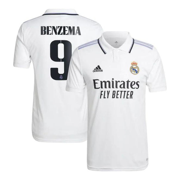 Real Madrid Benzema 9 home jersey front and back view with white color and Adidas logo
