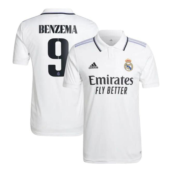 Real Madrid Benzema 9 home jersey front and back view with white color and Adidas logo