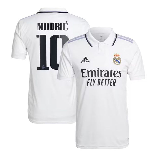 Real Madrid Modric 2022 23 home jersey front and back view in white with sponsor Emirates logo
