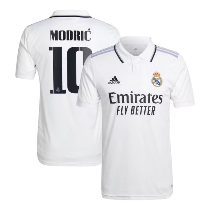 Real Madrid Modric 2022 23 home jersey front and back view in white with sponsor Emirates logo