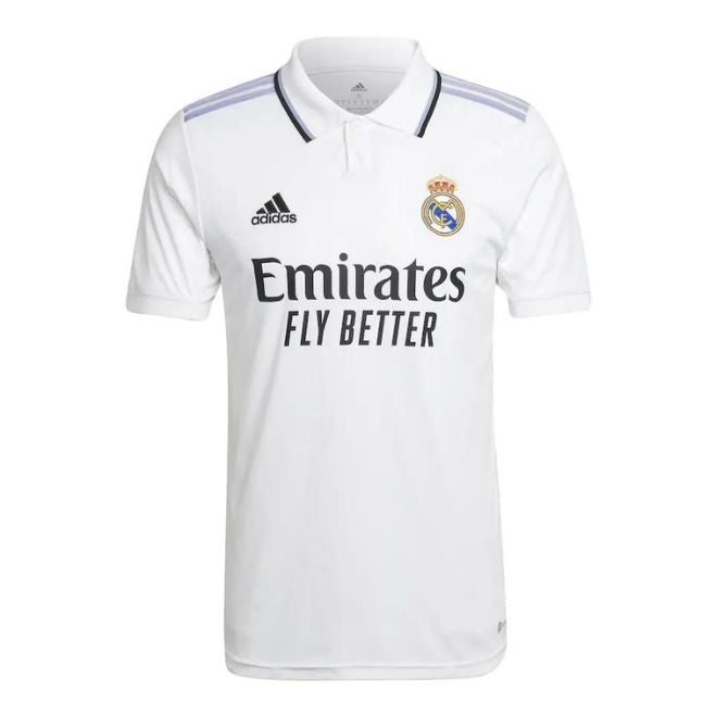 Real Madrid Modric 2022 23 home jersey in white with Adidas logo and Emirates Fly Better sponsor