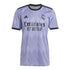 Real Madrid purple soccer jersey by Adidas with Emirates Fly Better logo and black trim