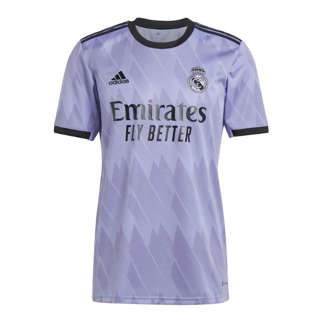 Real Madrid purple soccer jersey by Adidas with Emirates Fly Better logo and black trim