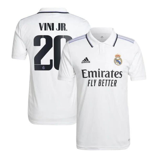 Real Madrid Vini Jr 2022-23 home jersey in white with black number 20 and Adidas logo