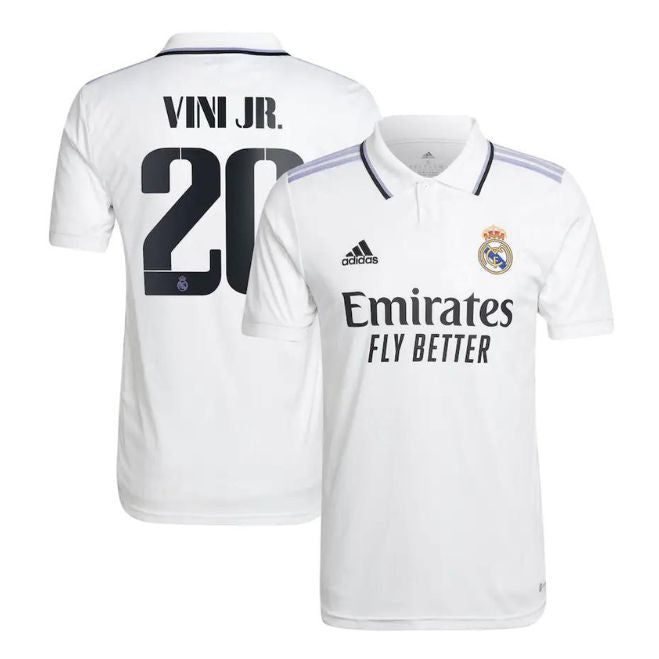 Real Madrid Vini Jr 2022-23 home jersey in white with black number 20 and Adidas logo
