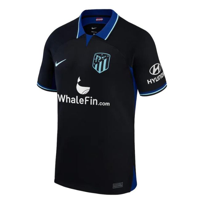 Atletico de Madrid 2022 away jersey by Jerseyteamsworld in black with light blue accents and sponsor logos