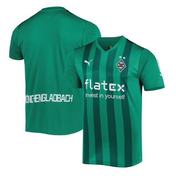 Borussia Monchengladbach away jersey 2022/23 green striped soccer shirt by Jerseyteamsworld front and back view