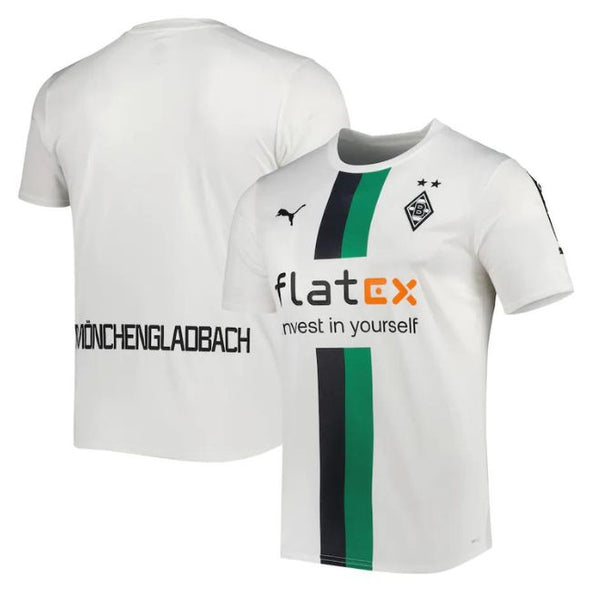 Borussia Monchengladbach home jersey 2022/23 with green and black vertical stripes and sponsor logo
