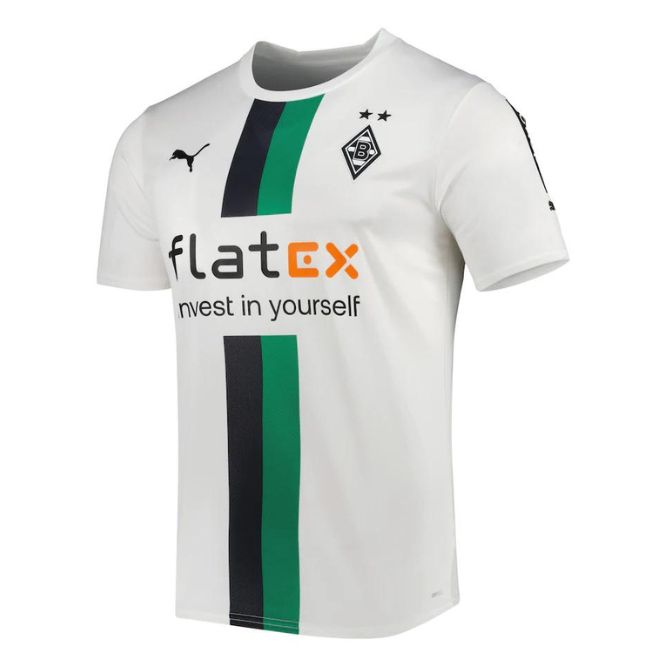 Borussia Monchengladbach home jersey 2022 23 in white with black and green vertical stripes by Jerseyteamsworld