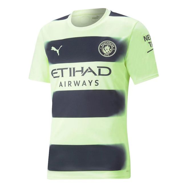 Erling Haaland Manchester City jersey in light green with black horizontal stripes and Etihad Airways logo