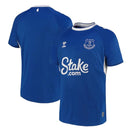Everton unisex home jersey 2023 in blue with white collar and Stake.com logo by Jerseyteamsworld
